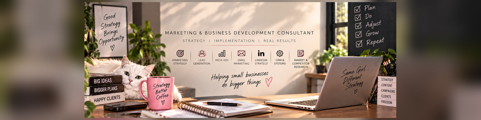 Lezahn’s LinkedIn banner: marketing and business development, strategy, implementation and helping small businesses do bigger things